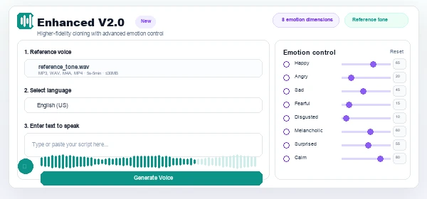 VoiceMax Enhanced V2.0 model — emotion control sliders and advanced tone settings for professional voice cloning